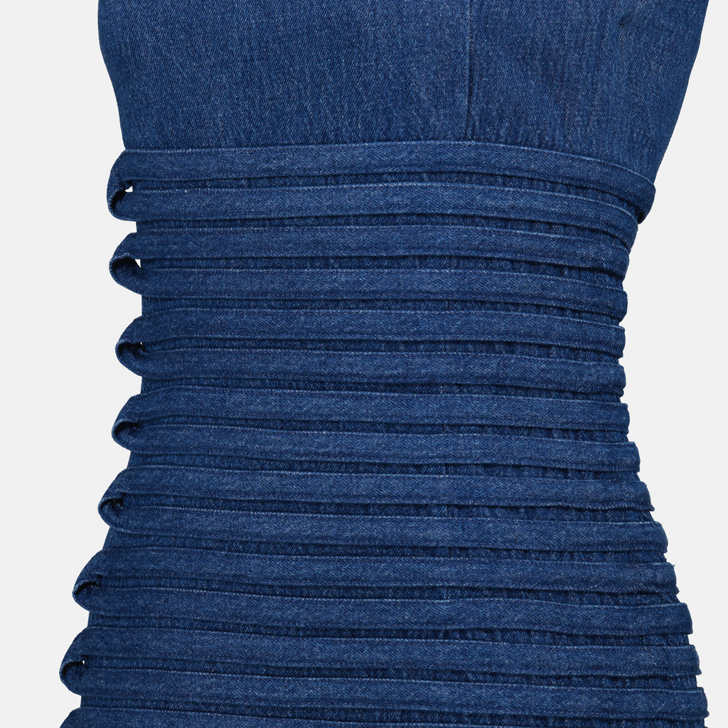 Denim dress, Versace, summer fashion, casual elegance, fitted dress