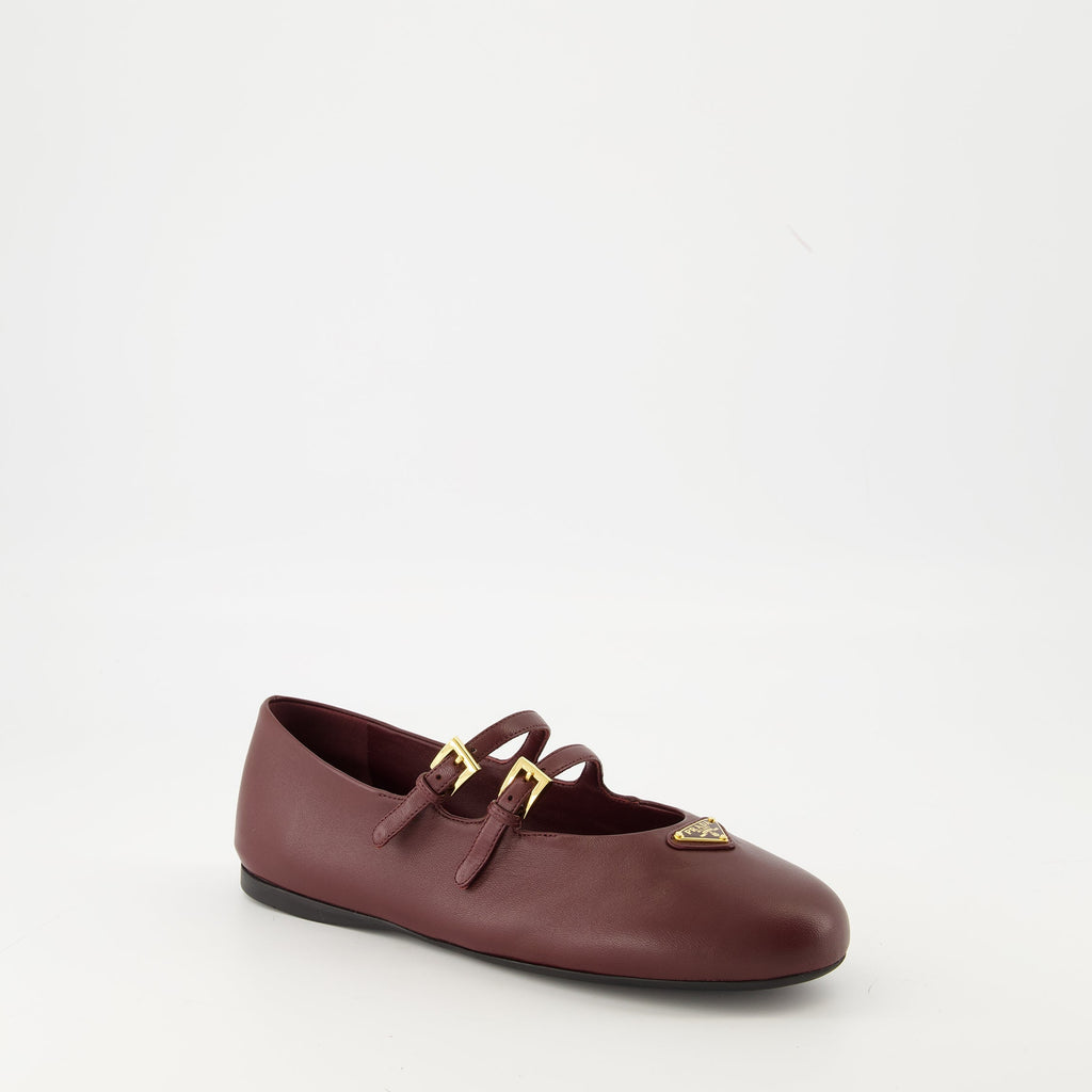 Prada ballerinas, bordeaux leather shoes, adjustable strap ballerinas, rounded toe flats, nappa leather footwear