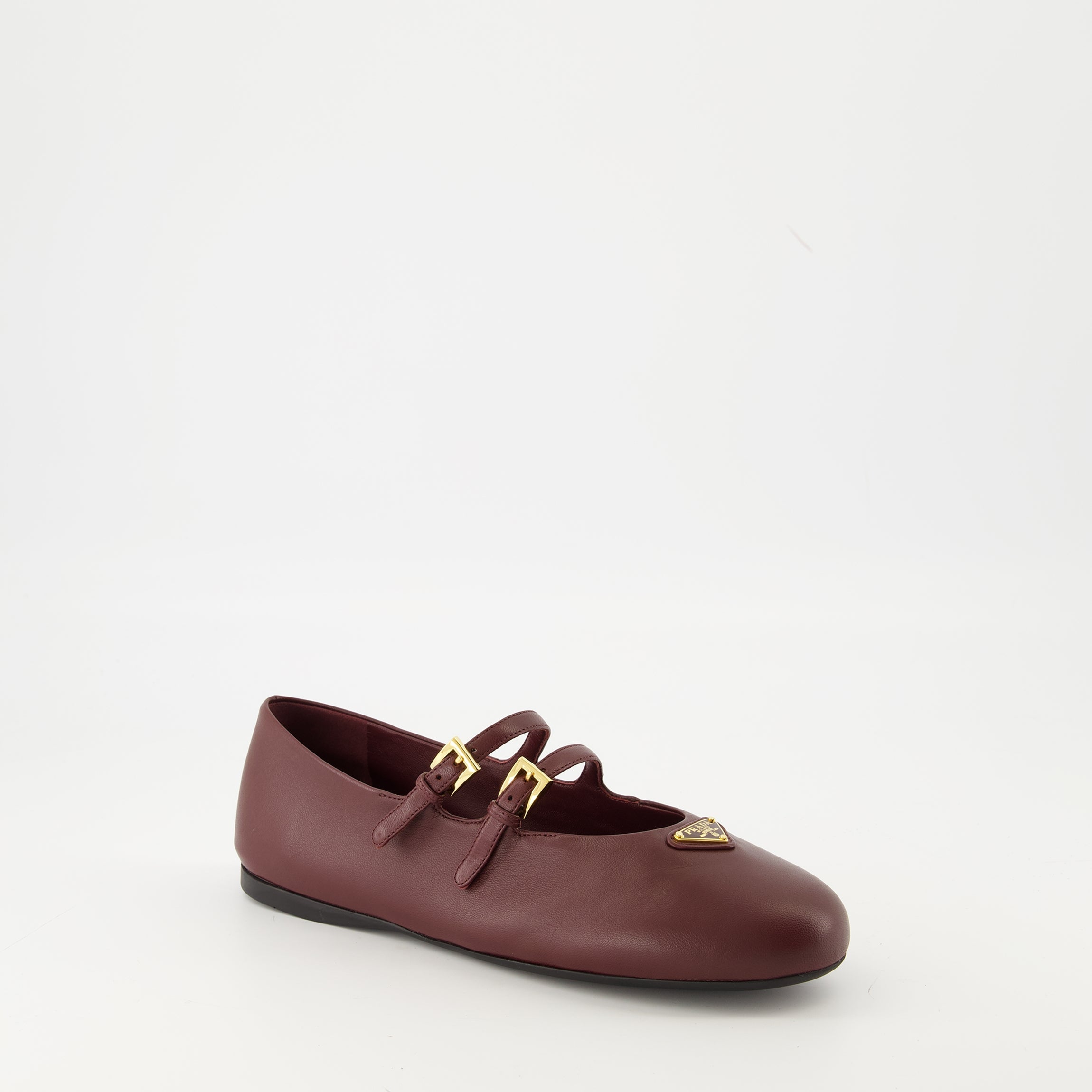 Prada ballerinas, bordeaux leather shoes, adjustable strap ballerinas, rounded toe flats, nappa leather footwear