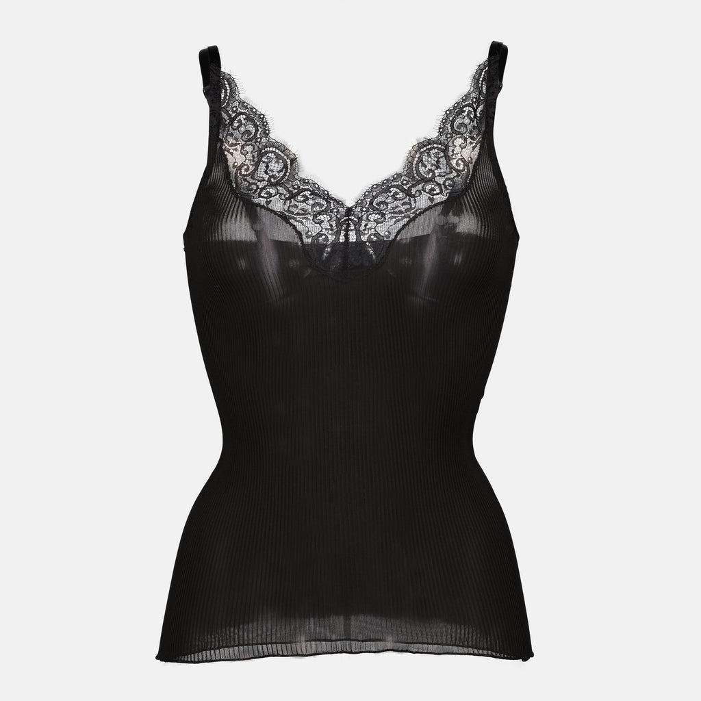 silk tank top, Saint Laurent top, black tank top, adjustable straps, lace finish