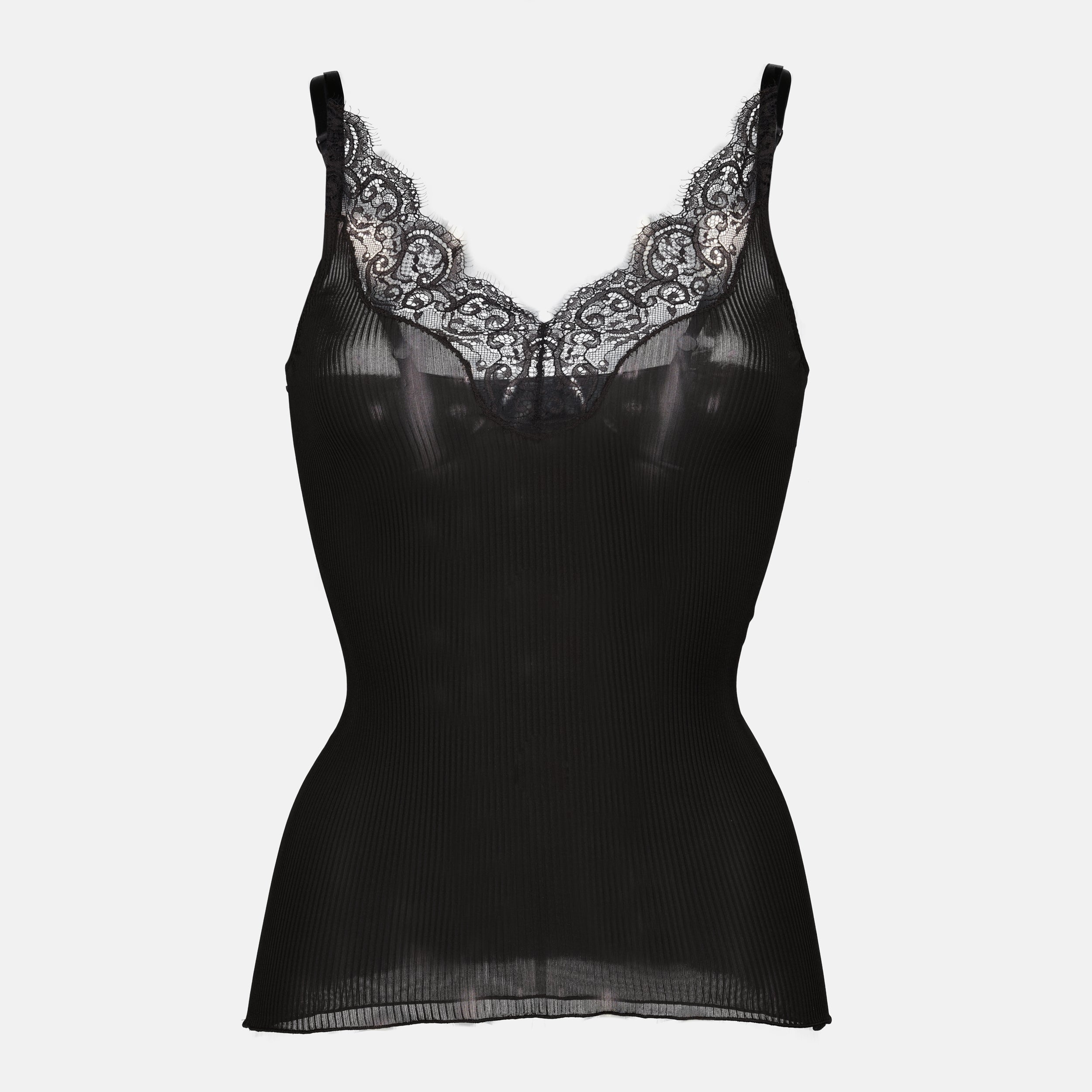 silk tank top, Saint Laurent top, black tank top, adjustable straps, lace finish