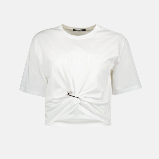 crop t-shirt, safety pin detail, white cotton tee, round neckline, everyday elegance