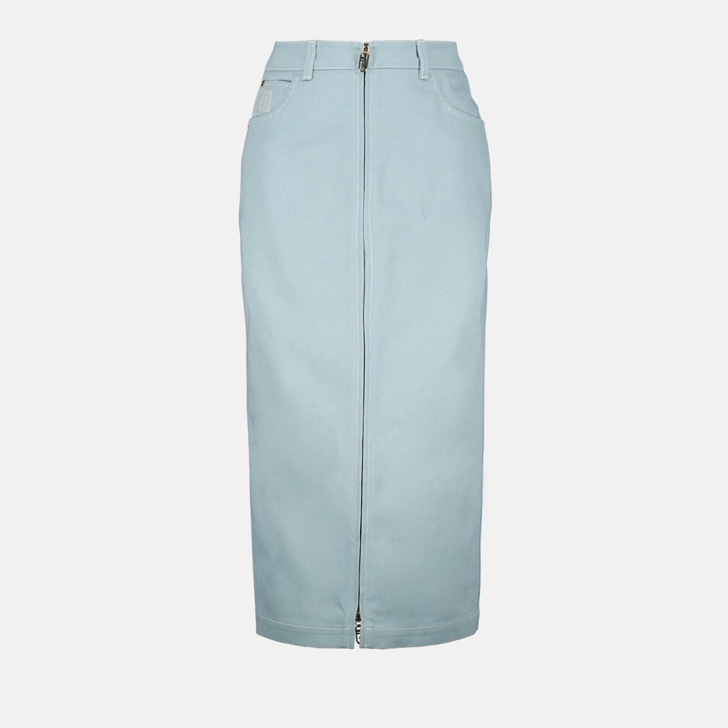 Fendi denim skirt, pastel blue midi skirt, luxury fashion, Spring-Summer 2024, high-end womenswear