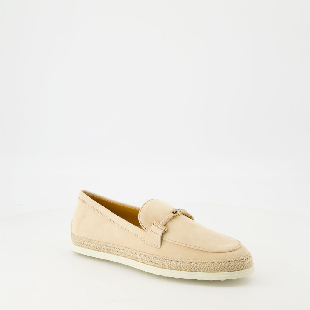suede moccasins, Tod's footwear, artisanal footwear, beige moccasins, stylish slip-on shoes
