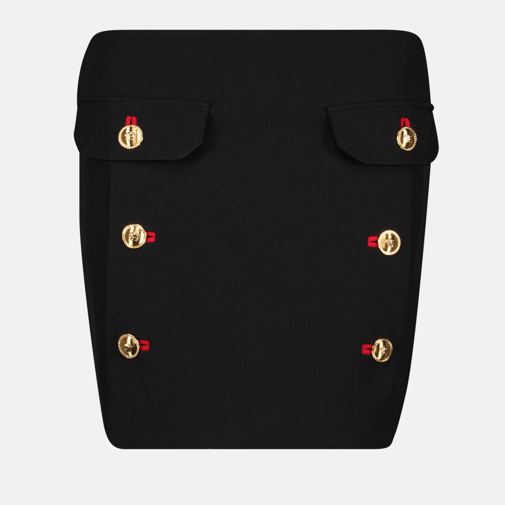 black wool skirt, Versace pencil skirt, gold Medusa buttons, short wool skirt, elegant black skirt