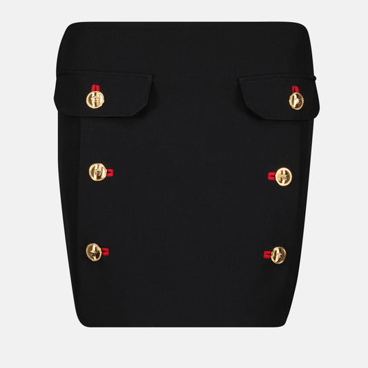 black wool skirt, Versace pencil skirt, gold Medusa buttons, short wool skirt, elegant black skirt