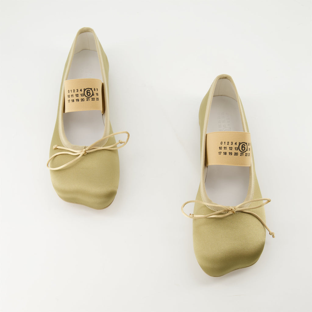 khaki ballerines, satin shoes, MM6 design, anatomical shape, comfortable flats