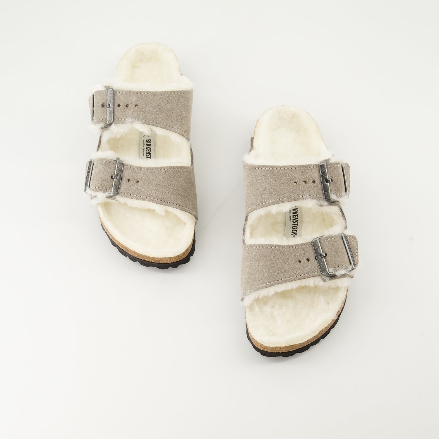 Birkenstock, shearling sandals, suede sandals, grey sandals, luxury footwear