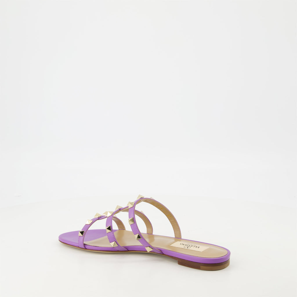 Rockstud sandals, violet leather sandals, designer footwear, spring-summer collection, stylish strap sandals