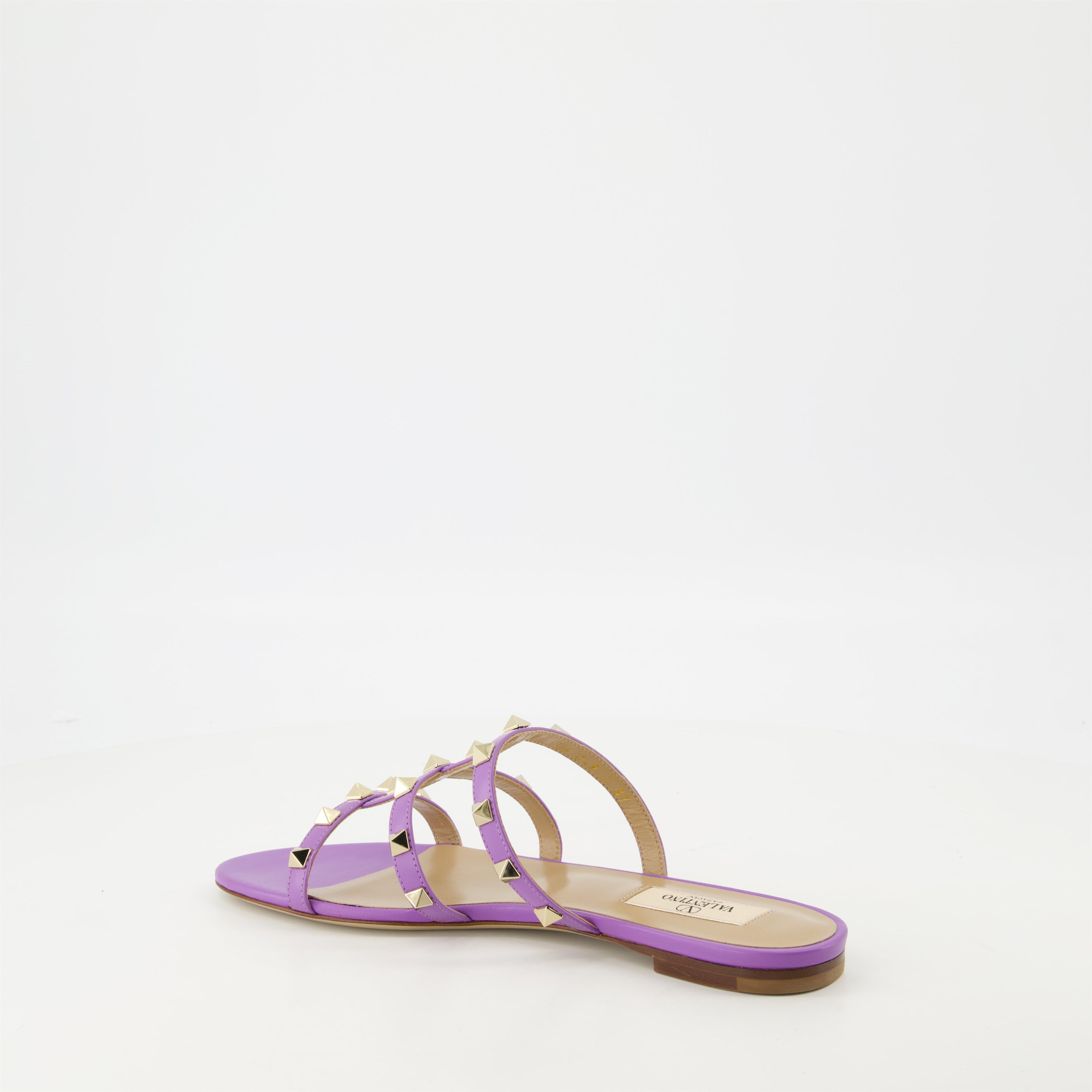 Rockstud sandals, violet leather sandals, designer footwear, spring-summer collection, stylish strap sandals