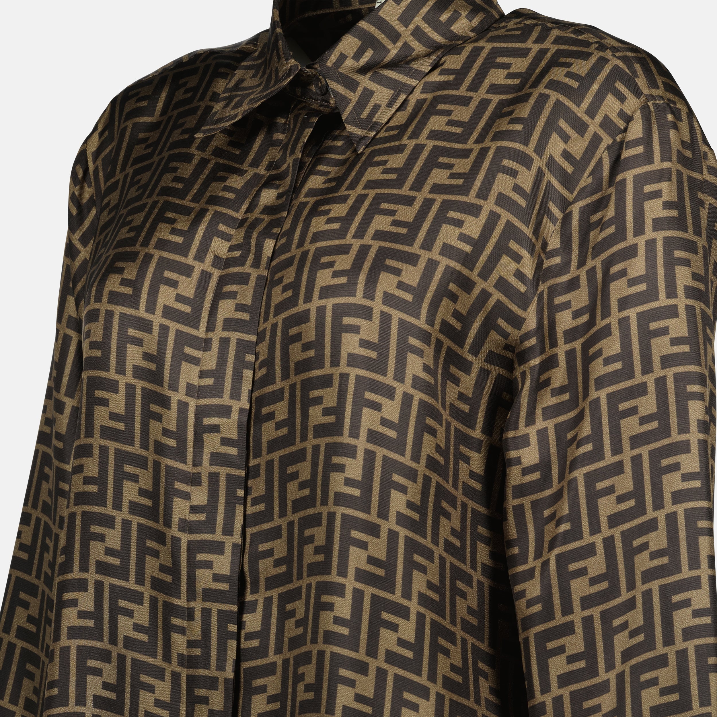 silk shirt, Fendi, FF print, brown shirt, luxury apparel