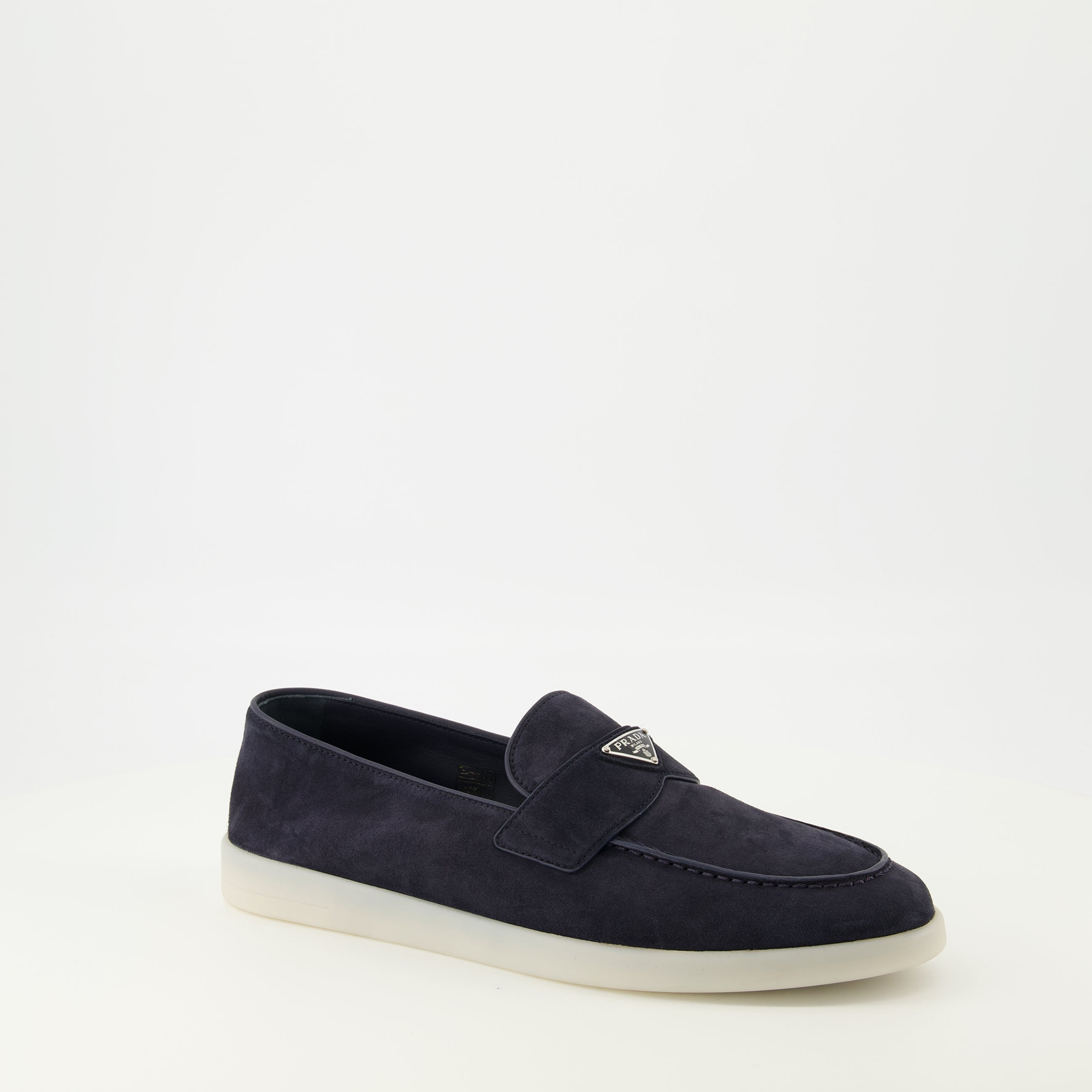 Prada loafers, navy blue suede shoes, slip-on footwear, triangle logo, men's designer shoes