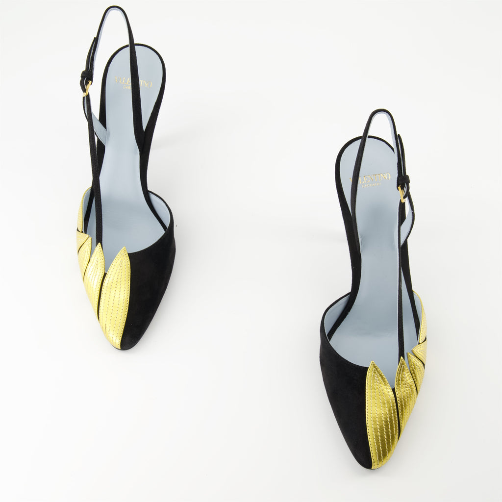 Valentino Garavani, Foliefoliage pumps, black and gold pumps, pointed toe pumps, adjustable ankle strap shoes