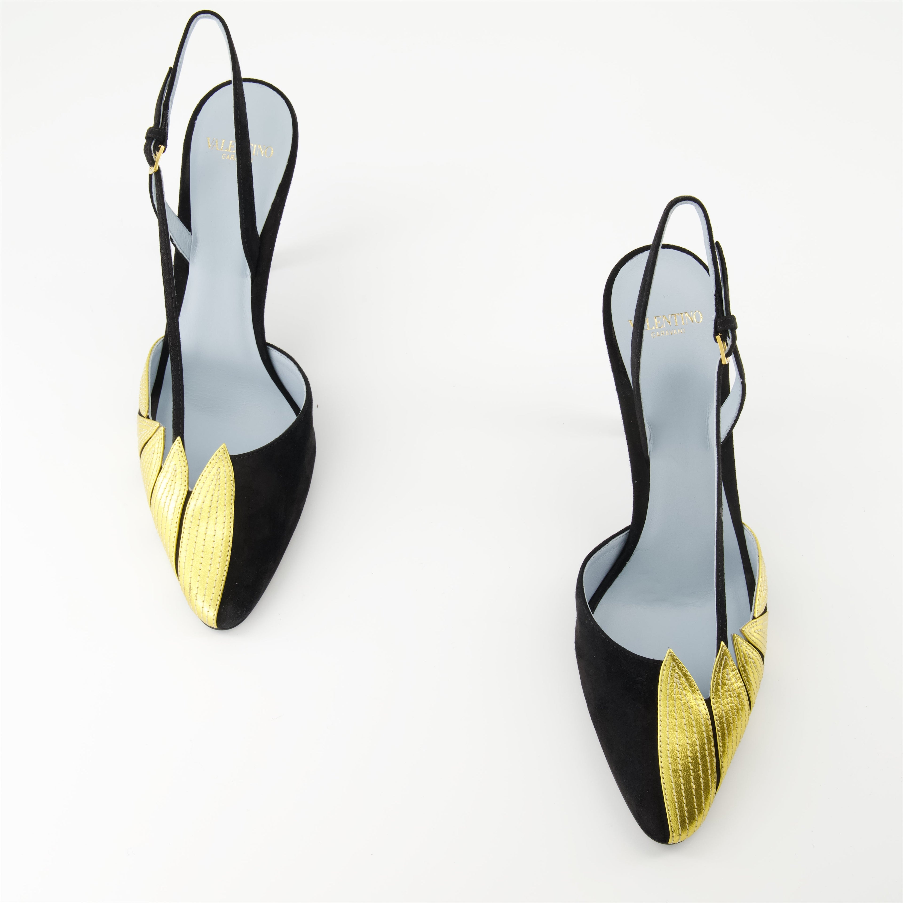 Valentino Garavani, Foliefoliage pumps, black and gold pumps, pointed toe pumps, adjustable ankle strap shoes