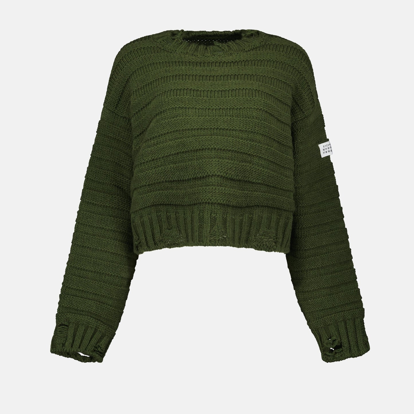 distressed green sweater, ribbed wool sweater, MM6 Autumn-Winter 2024, luxury women's sweaters, high-end fashion