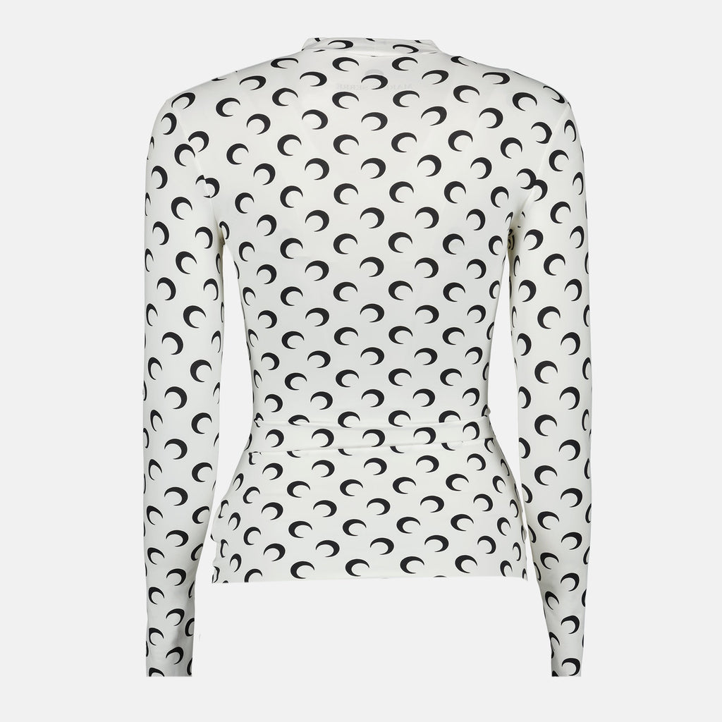 Marine Serre top, Moon print jersey, high collar top, form-fitting clothing, polyamide top
