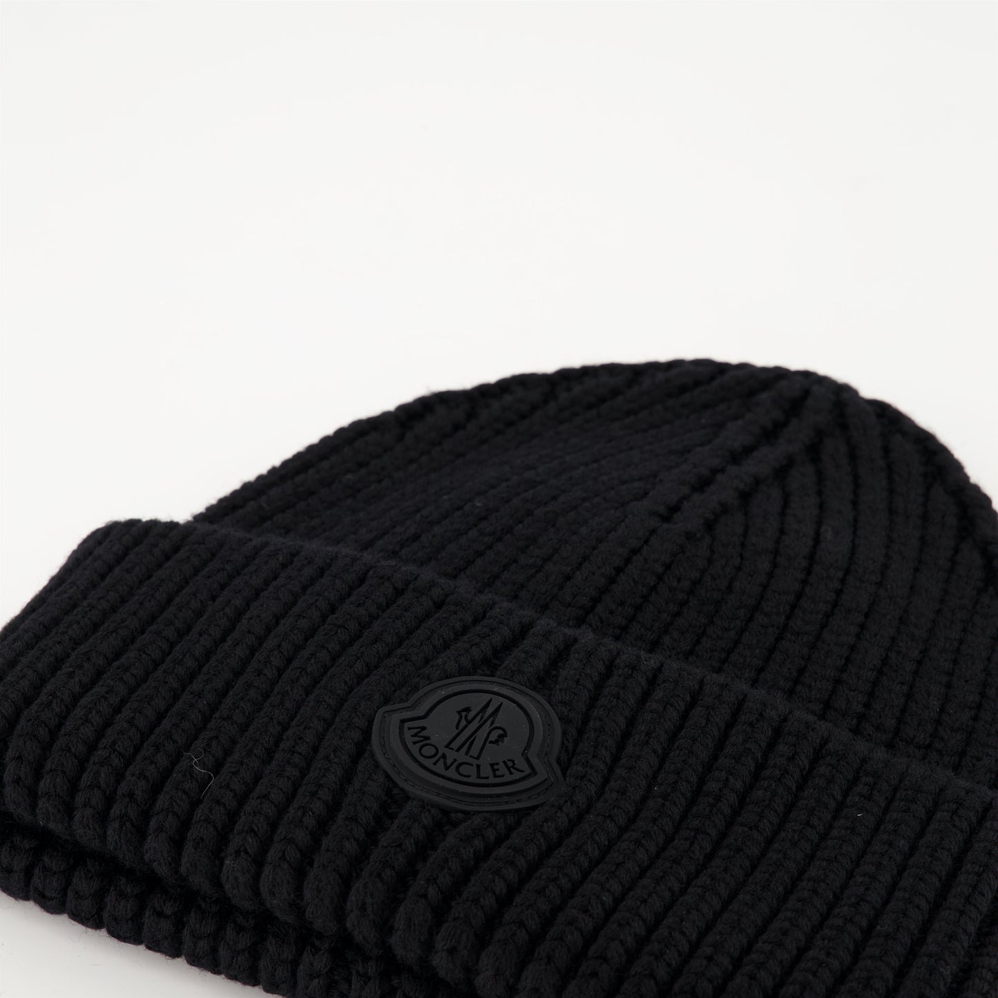 black wool beanie, rib-knit beanie, luxury winter accessories, Moncler beanie, high-end men's fashion