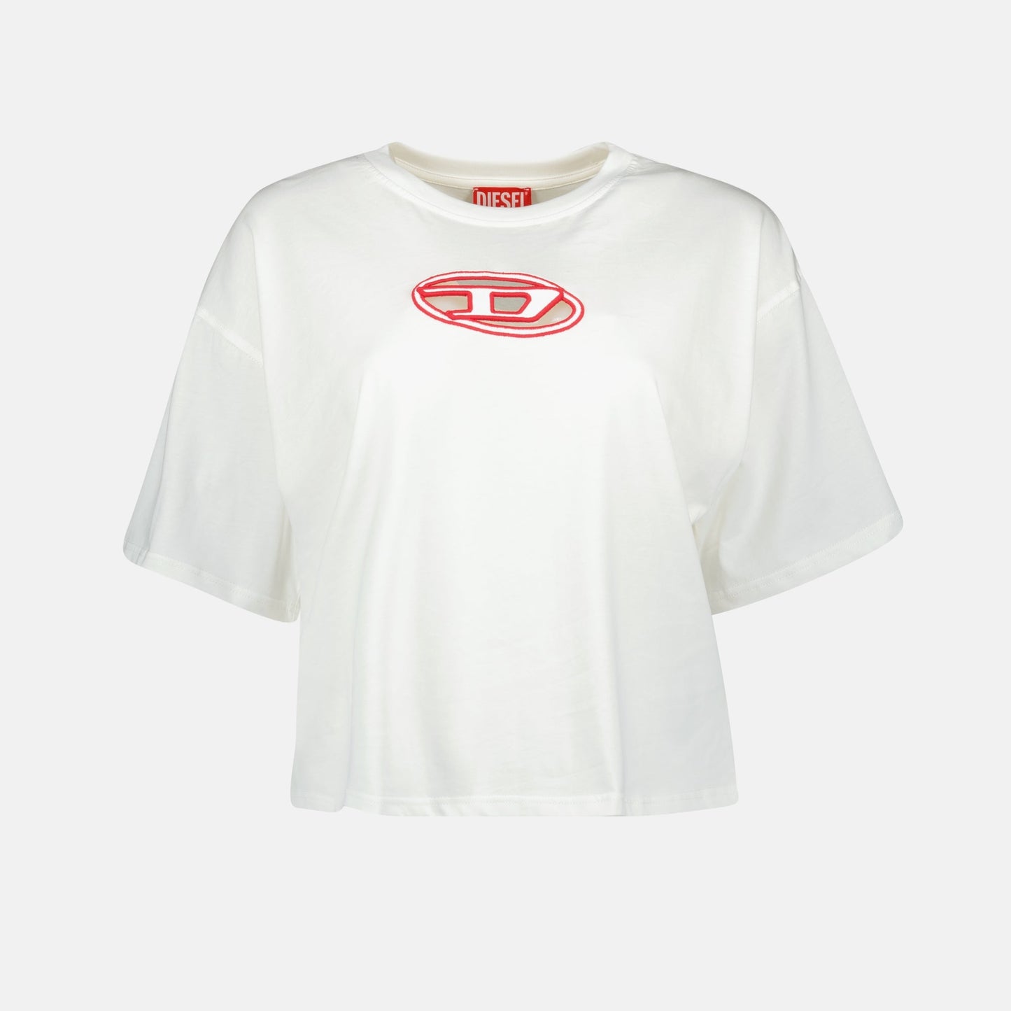 Diesel T-Buxt, Crop T-Shirt, Spring-Summer 2025, Red Logo T-Shirt, White Cotton Top