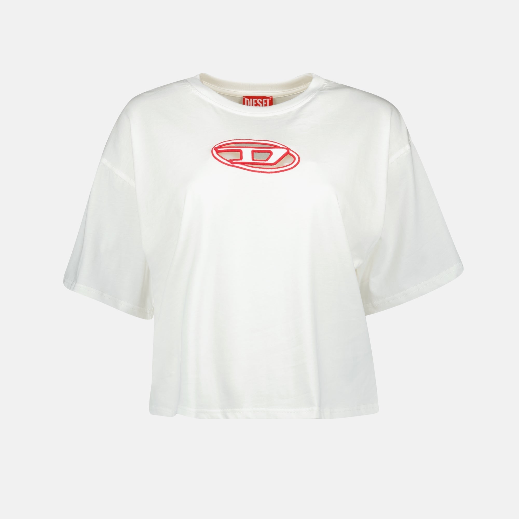 Diesel T-Buxt, Crop T-Shirt, Spring-Summer 2025, Red Logo T-Shirt, White Cotton Top