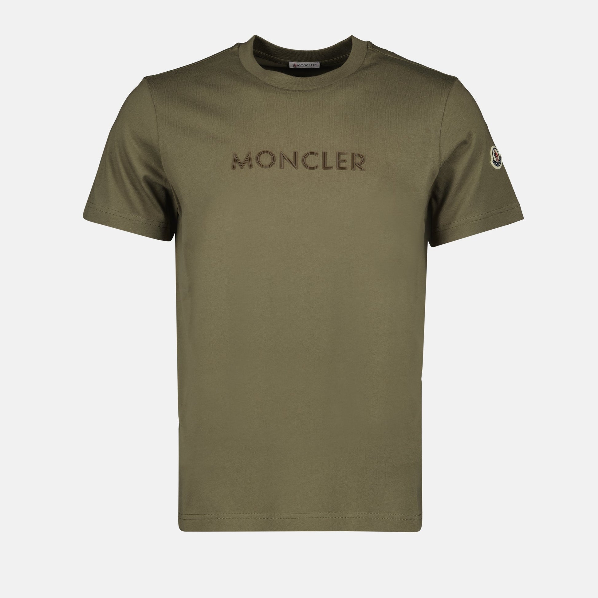 Khaki T-shirt, Moncler T-shirt, Organic Cotton Tee, Luxury Casual Wear, Sophisticated Logo Top