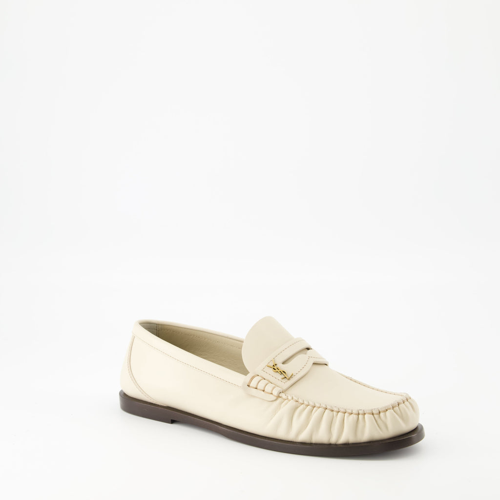 beige moccasins, slip-on shoes, leather footwear, smooth leather, fashionable moccasins