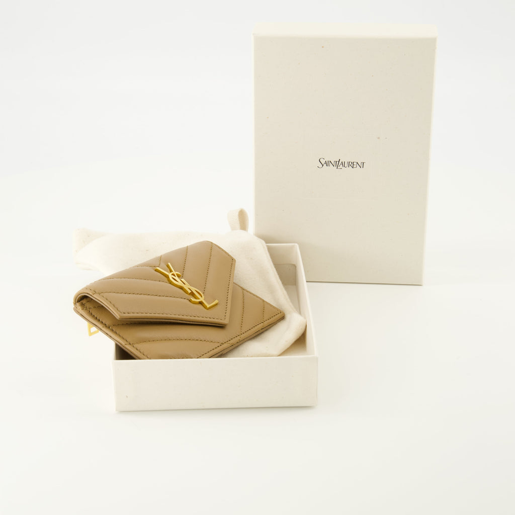 card holder, Saint Laurent, accessory, chevron quilted design, brown leather