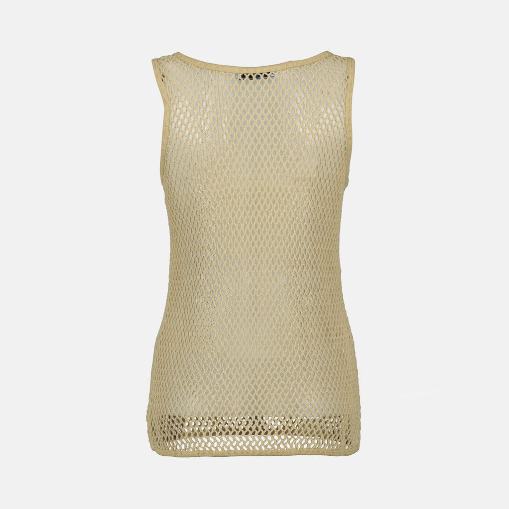 beige tank top, cotton mesh, Prada, casual wear, Spring-Summer 2025