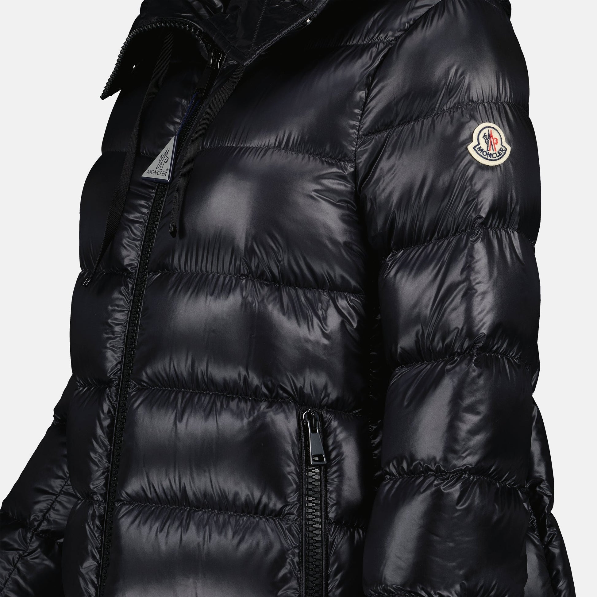 Moncler jacket, quilted jacket, long jacket, black jacket, luxury outerwear