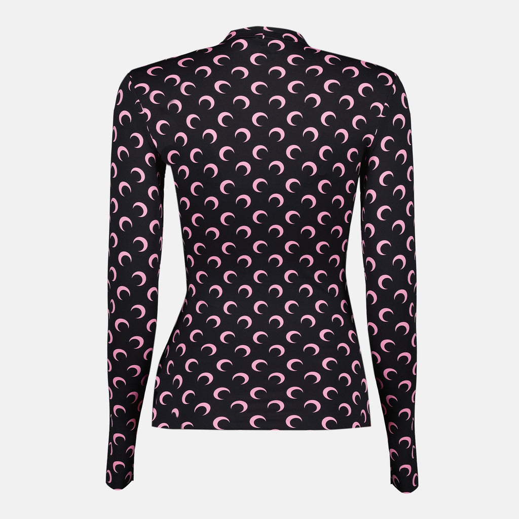 Marine Serre top, moon print jersey, black and pink top, fitted silhouette, women's fashion