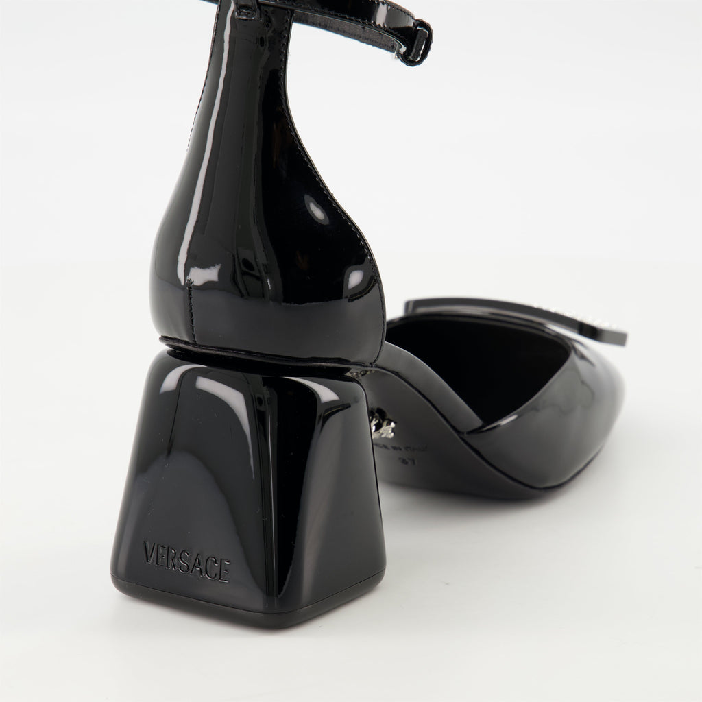 black patent leather heels, Versace shoes, adjustable ankle strap heels, elegant footwear, Spring-Summer collection