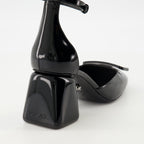 black patent leather heels, Versace shoes, adjustable ankle strap heels, elegant footwear, Spring-Summer collection