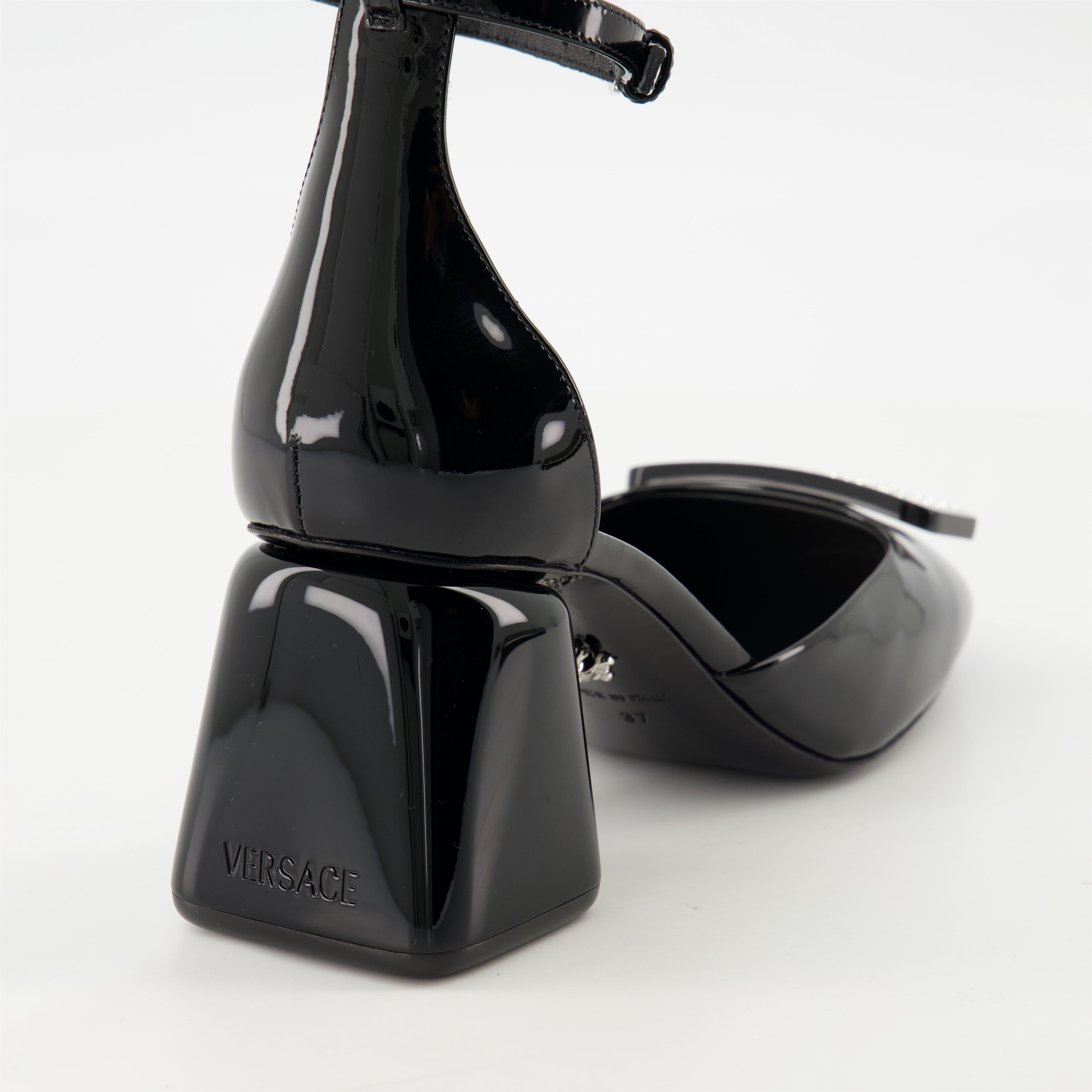 black patent leather heels, Versace shoes, adjustable ankle strap heels, elegant footwear, Spring-Summer collection