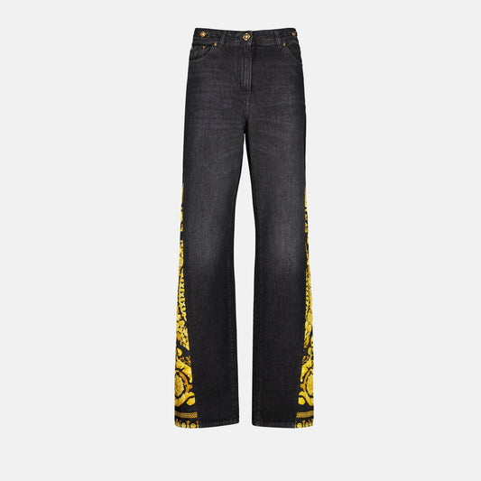 Versace jeans, flared jeans, Barocco denim, black distressed jeans, luxury fashion