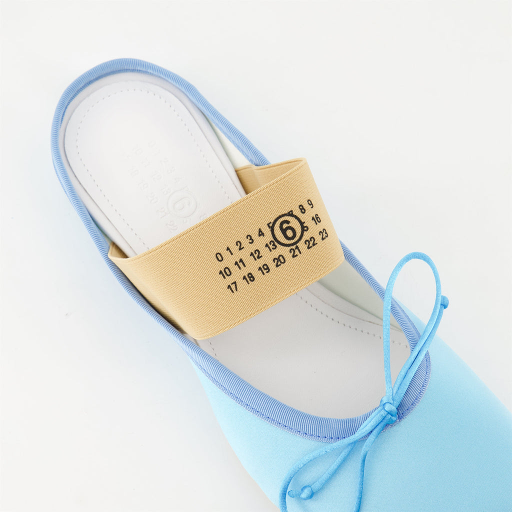 mules, MM6, viscose shoes, blue footwear, elegant sandals