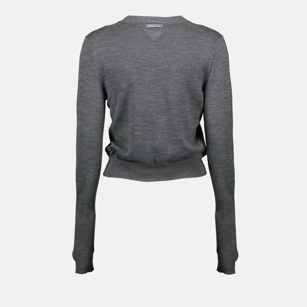 wool cardigan, grey cardigan, Prada, women's fashion, designer cardigan