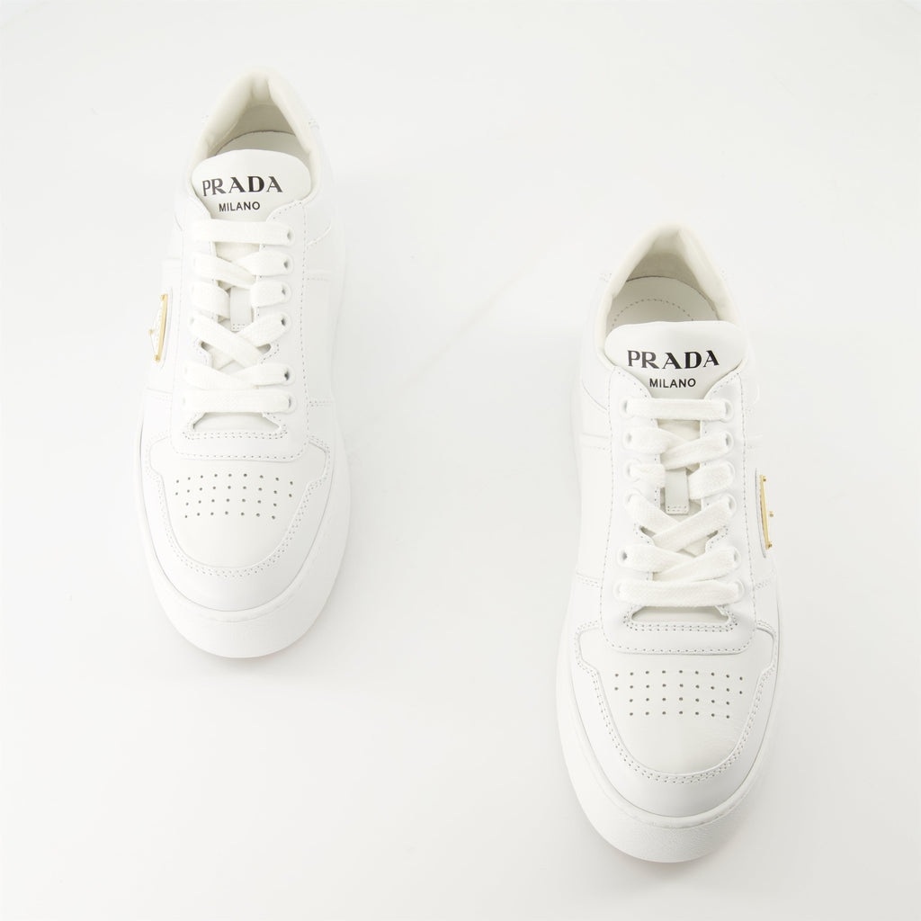 white sneakers, Prada Downtown Bold, platform shoes, smooth leather sneakers, geometric perforations