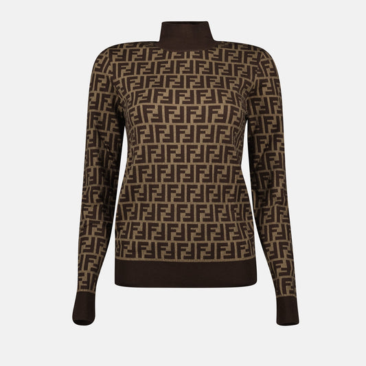 FF Pattern Sweater, High Neck Knitwear, Cotton Pull, Ribbed Fendi Knit, Autumn-Winter Collection