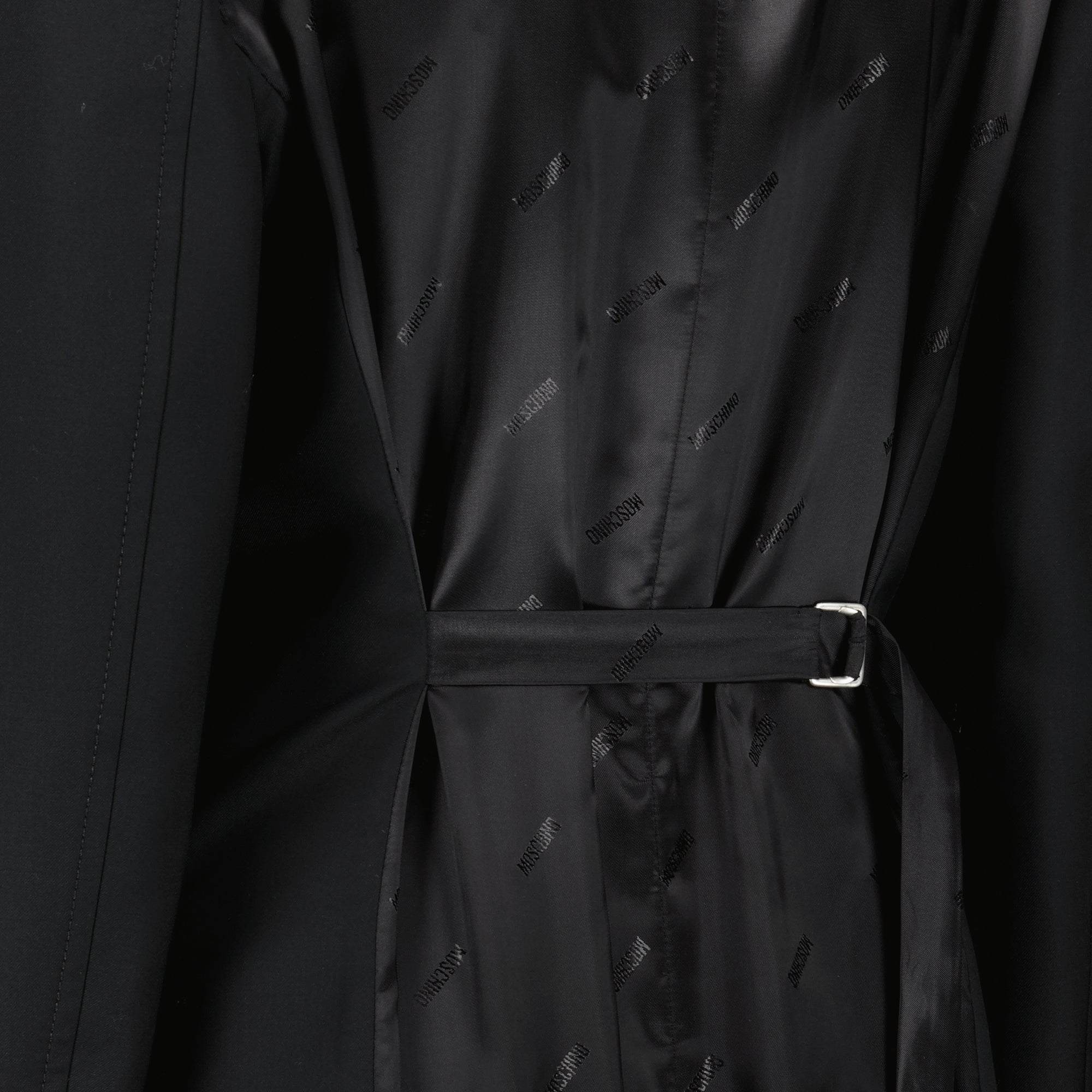 Moschino coat, black wool coat, long sleeve coat, satin details coat, Autumn-Winter collection