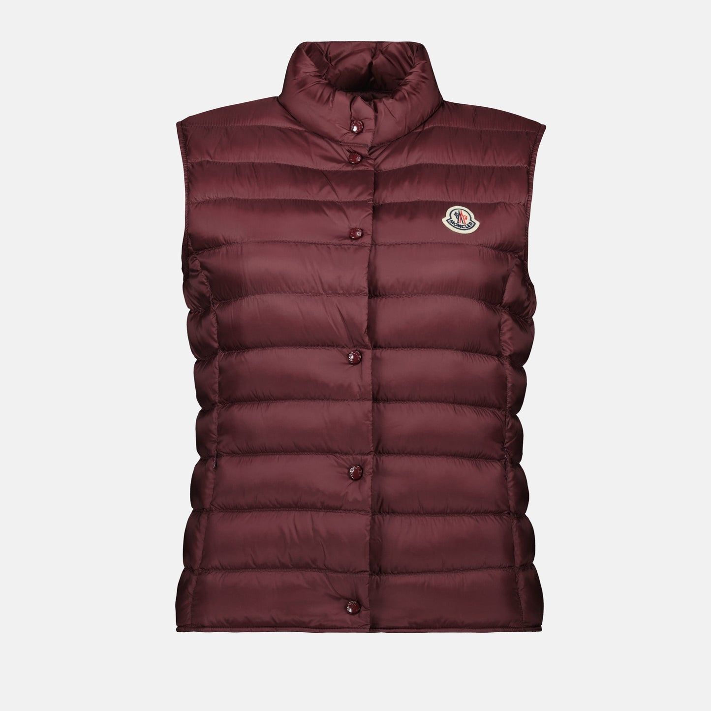 Bordeaux puffer jacket, Moncler sleeveless coat, women's winter outerwear, quilted sleeveless jacket, stylish cold-weather jacket