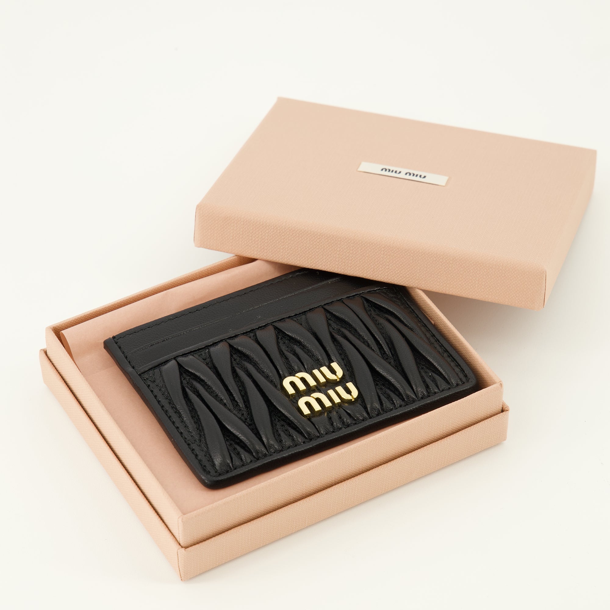 quilted card holder, black leather accessory, Miu Miu card holder, lamb leather wallet, designer card holder