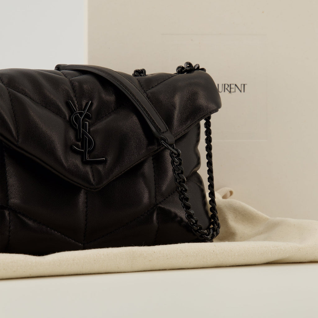 puffer bag, Saint Laurent, black leather bag, fashion accessory, nappa leather