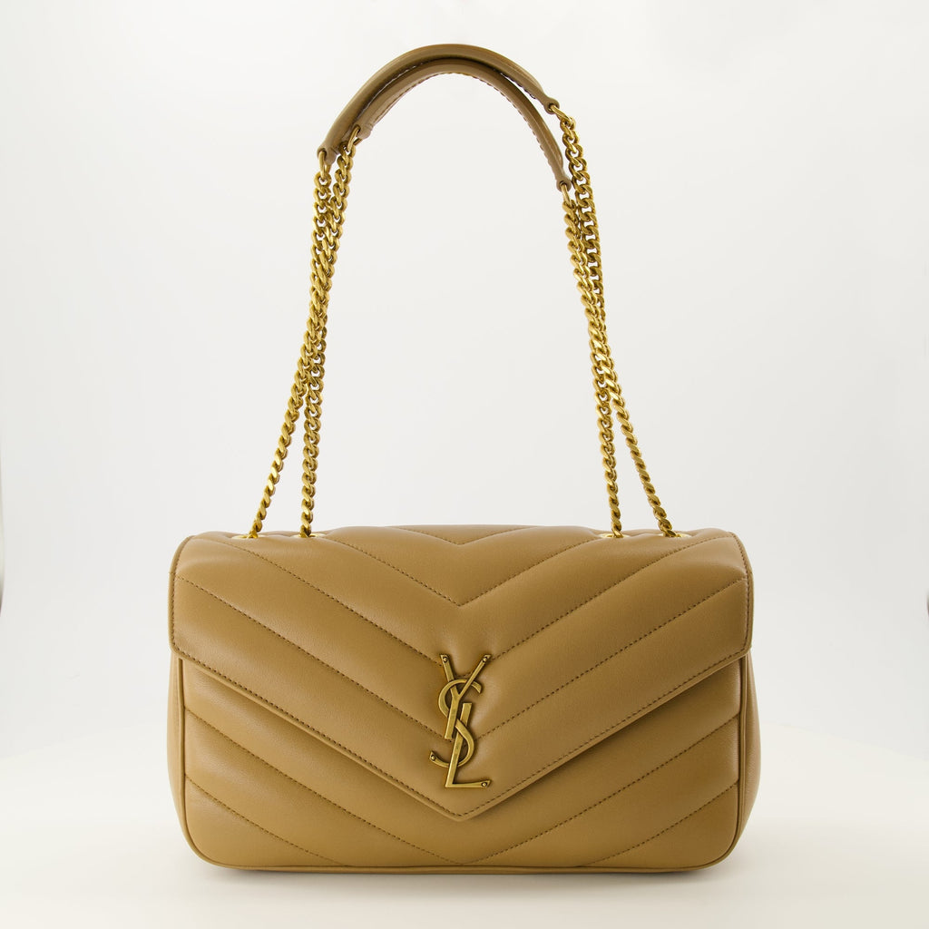 Medium Beige Loulou Bag, Saint Laurent handbag, luxury handbag, leather chevron bag, gold-tone chain handbag