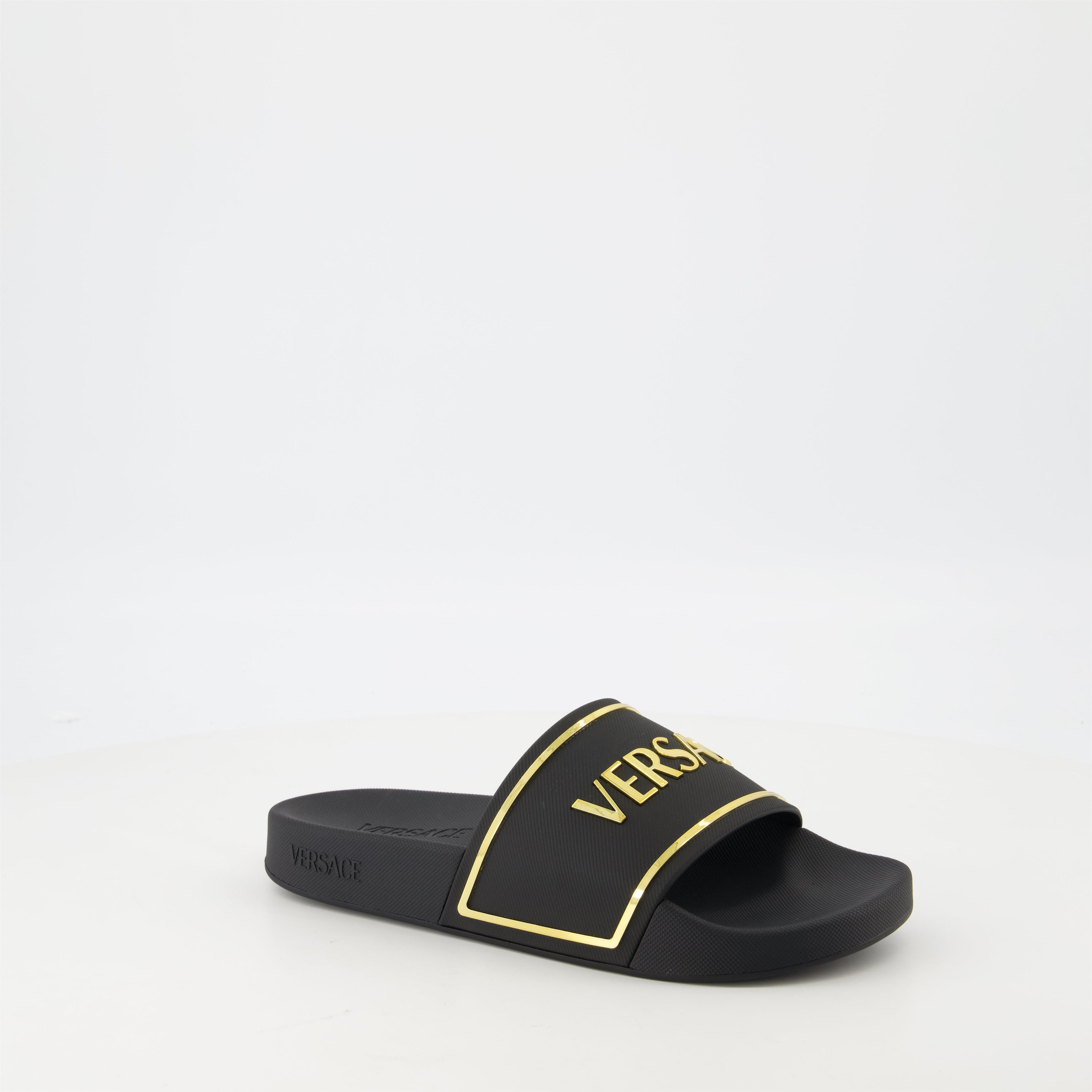 slide sandals, golden logo sandals, comfortable sandals, summer footwear, casual summer style