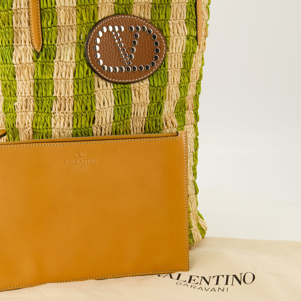 Borsa in Raffia con Strisce Verdi
