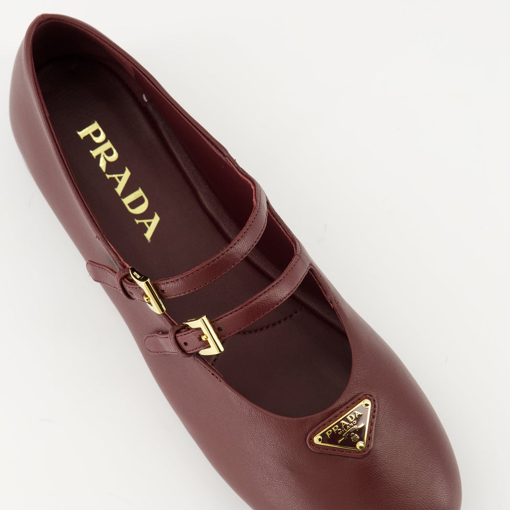 Prada ballerinas, bordeaux leather shoes, adjustable strap ballerinas, rounded toe flats, nappa leather footwear