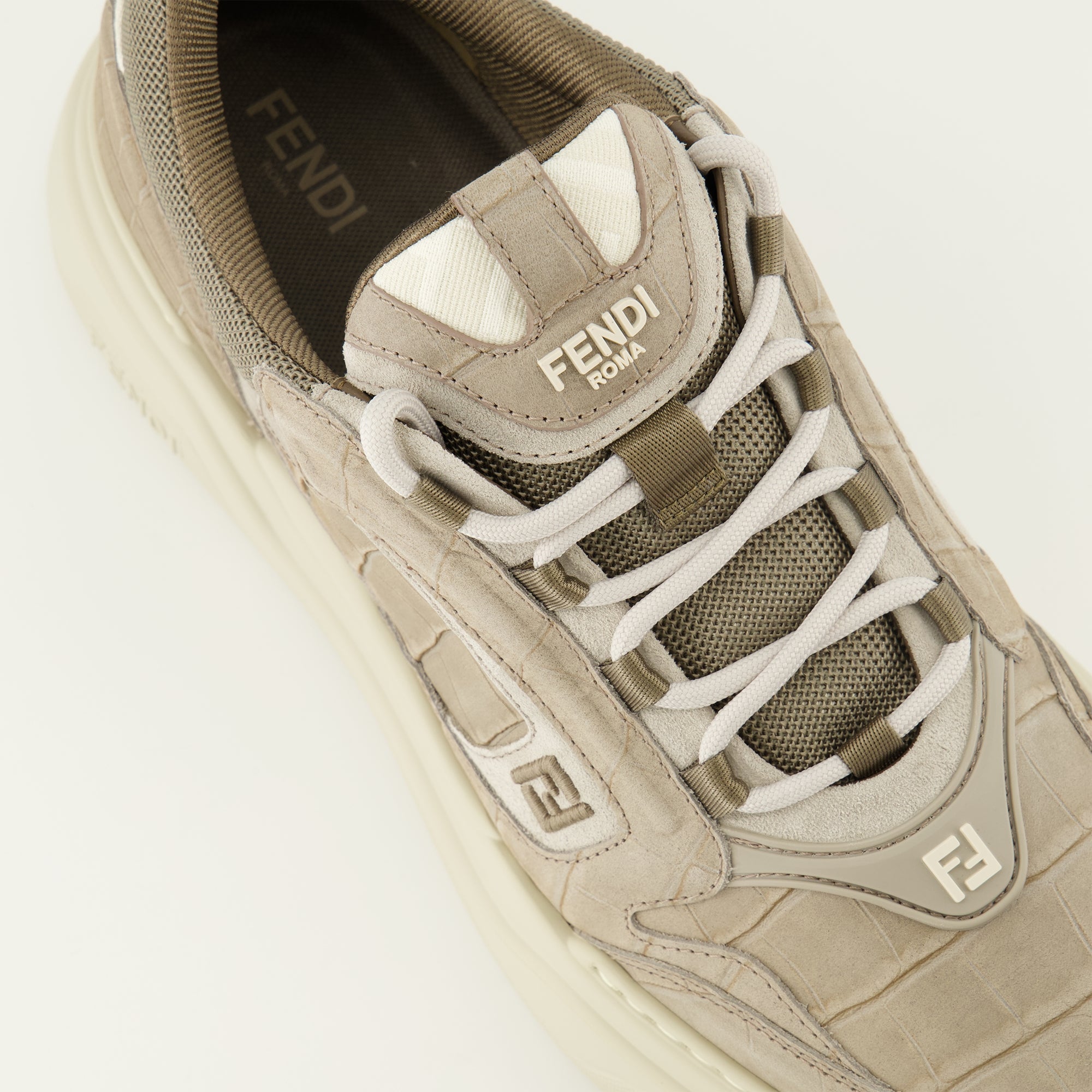 Fendi sneakers, calfskin shoes, grey athletic footwear, luxury sneakers, crocodile effect