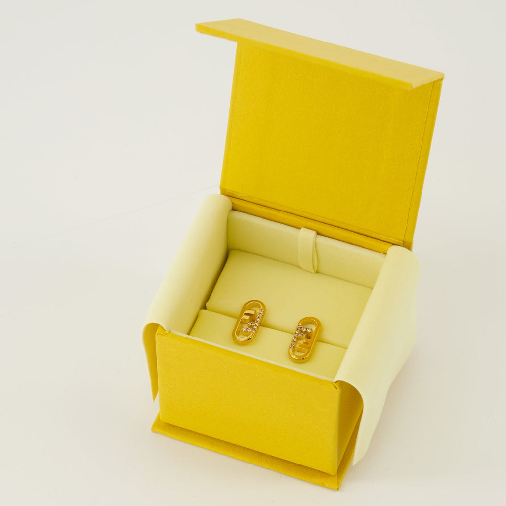 Fendi earrings, O'Lock jewelry, gold earrings, crystal adorned earrings, designer accessories