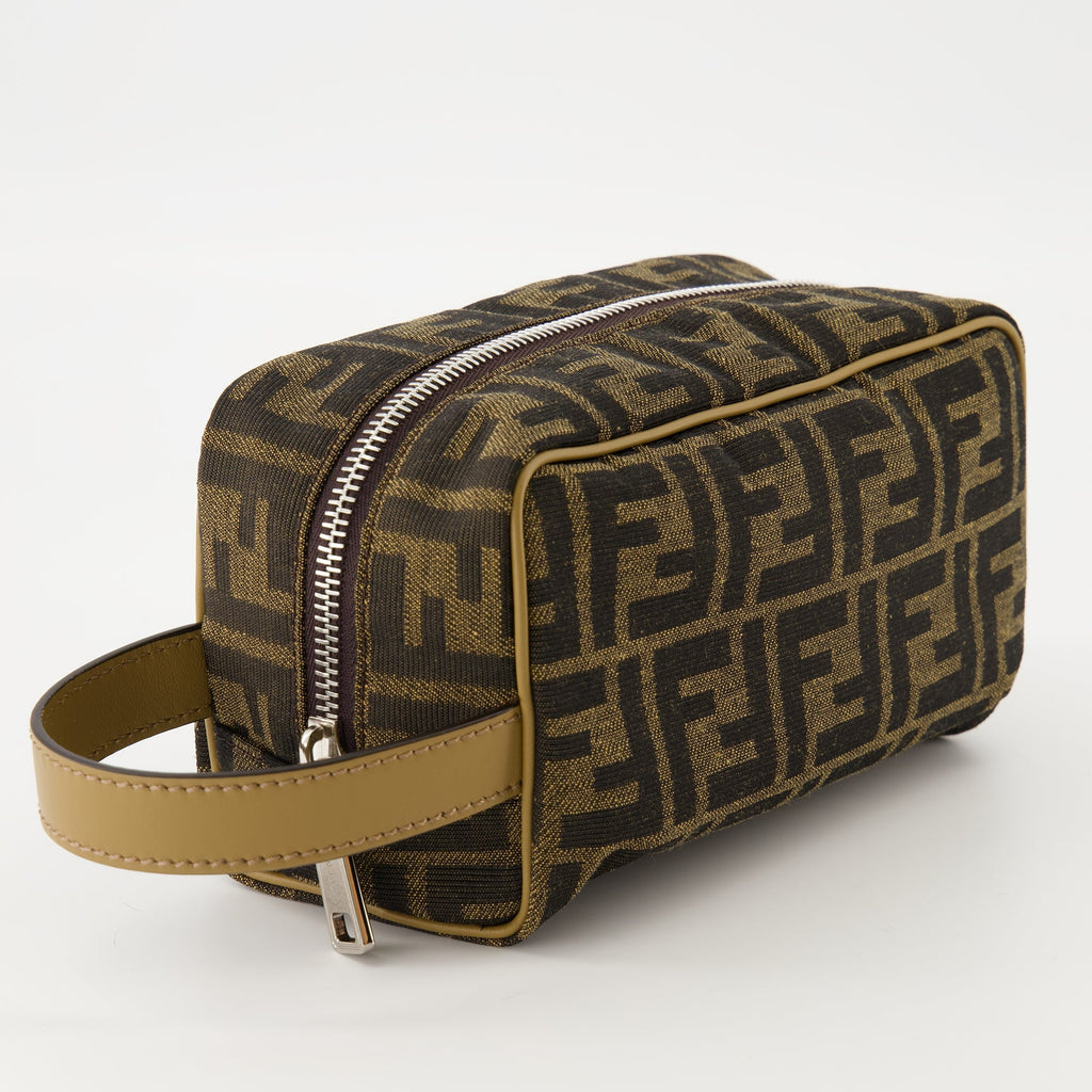 Fendi toiletry bag, jacquard bag, men's accessories, brown leather bag, travel essentials
