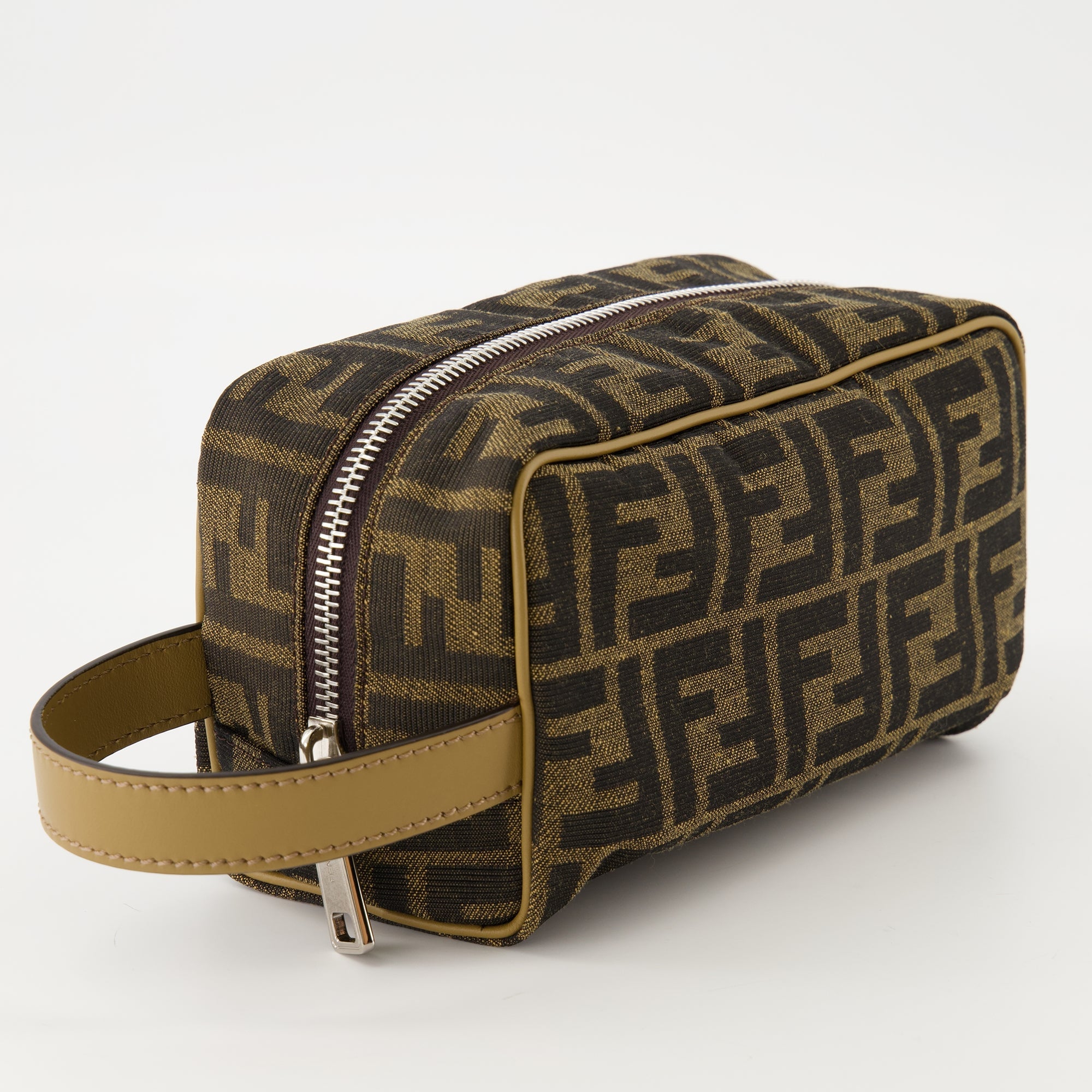 Fendi toiletry bag, jacquard bag, men's accessories, brown leather bag, travel essentials