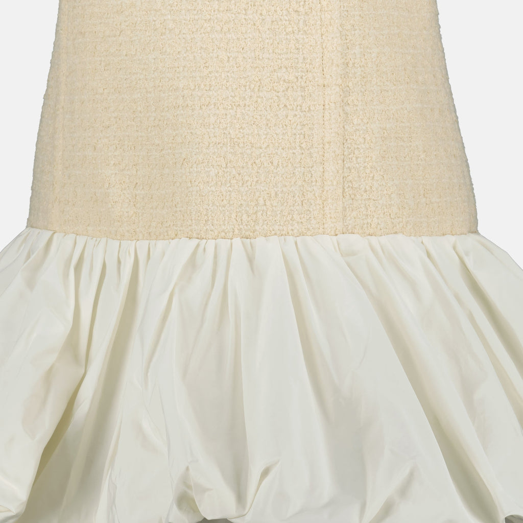 Patou dress, tweed dress, ruffled hem dress, beige dress, short dress